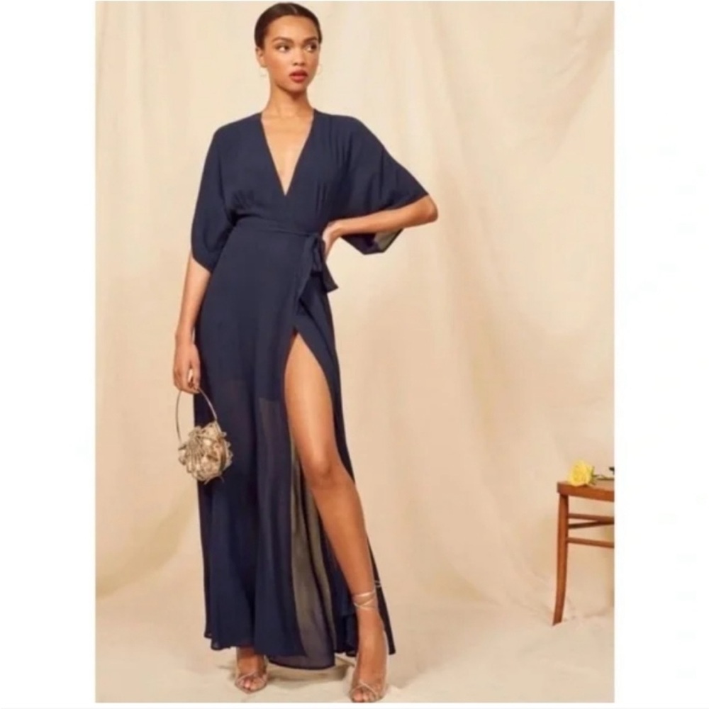 NWOT Reformation Navy Winslow V-Neck Floor Length Wrap Maxi Dress Gown